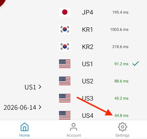 Server list with ping times