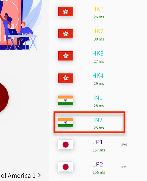 Server list with ping times