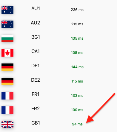Server list with ping times