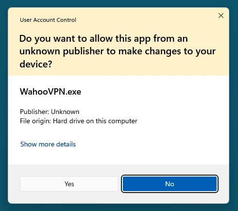 In the User Account Control prompt for WahooVPN.exe, click Yes to grant administrator permissions. Microsoft Store installations do not show this prompt; skip to step 6.