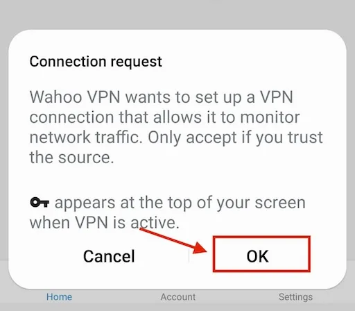 Paso 3: Pantalla de conexión de Wahoo VPN con botón de conexión